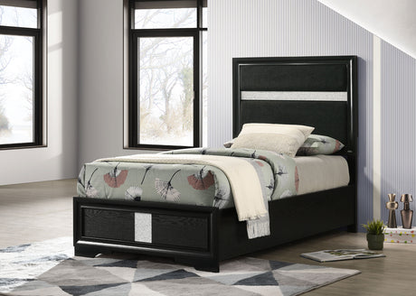 Miranda Upholstered Panel Bed & Bedroom Sets - Glam Black with Glitter Stripe Headboard, Twin to California King – view 1