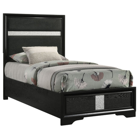 Miranda Upholstered Panel Bed & Bedroom Sets - Glam Black with Glitter Stripe Headboard, Twin to California King – view 17