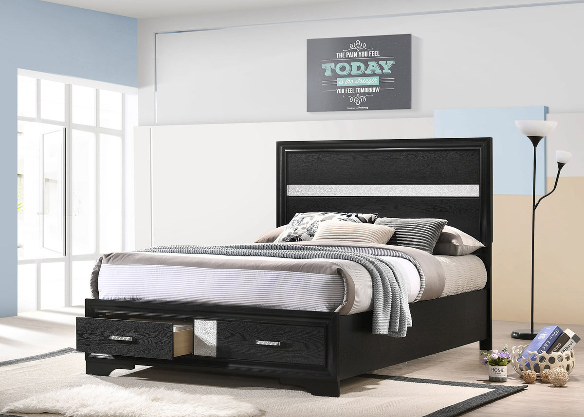 Miranda Storage Panel Bed & Bedroom Sets - Glam Black with Crystal Pulls & Glitter Accents, Twin to California King - lifestyle
