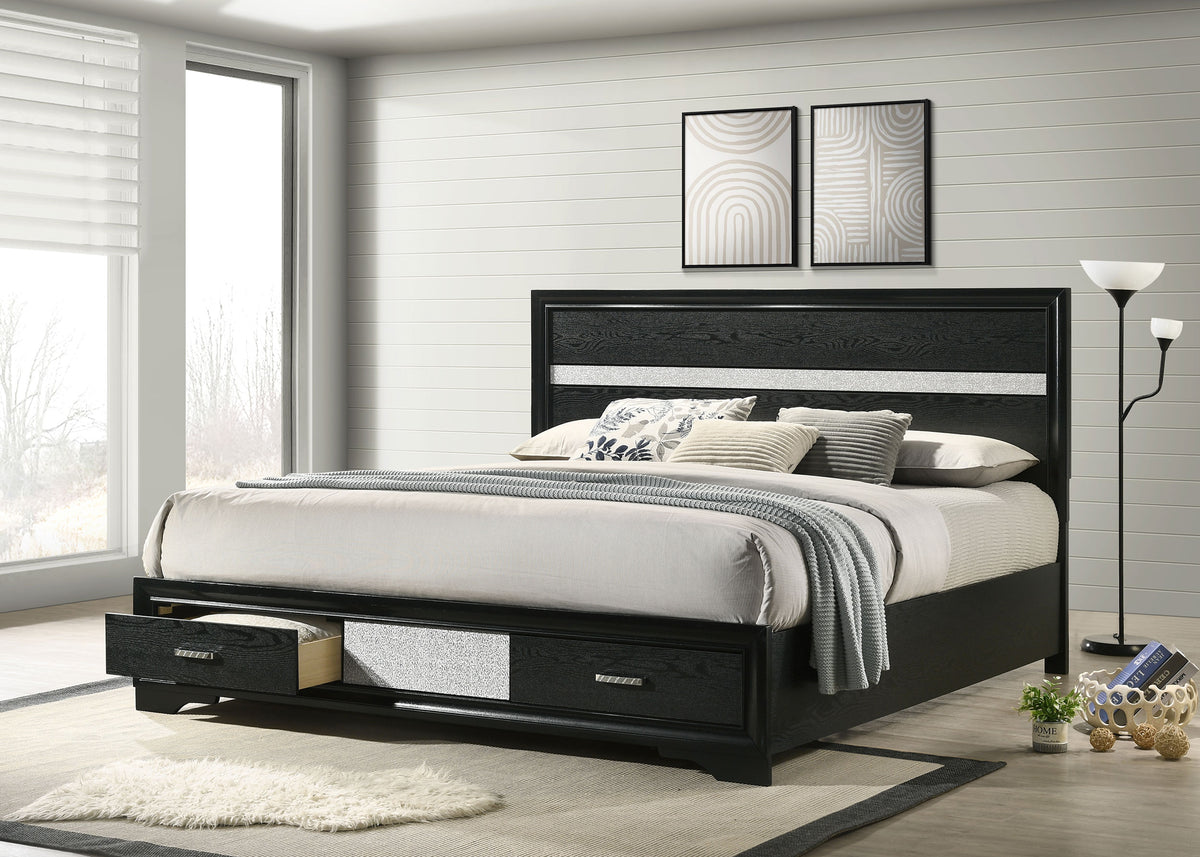 Miranda Storage Panel Bed & Bedroom Sets - Glam Black with Crystal Pulls & Glitter Accents, Twin to California King - lifestyle