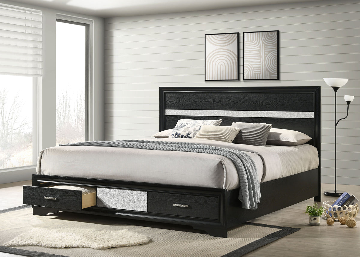 Miranda Storage Panel Bed & Bedroom Sets - Glam Black with Crystal Pulls & Glitter Accents, Twin to California King - lifestyle