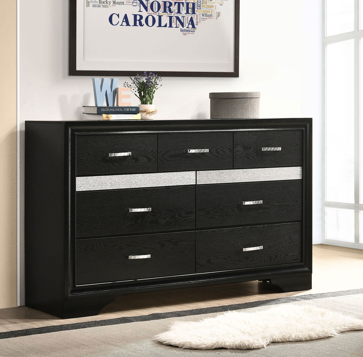 Miranda Storage Panel Bed & Bedroom Sets - Glam Black with Crystal Pulls & Glitter Accents, Twin to California King - lifestyle