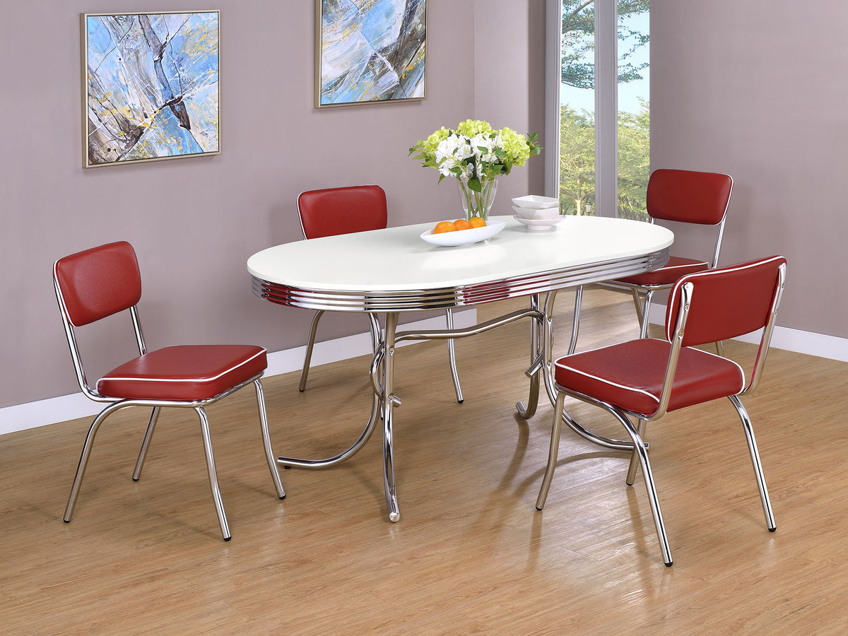 Retro 60" Oval Dining Table & 5-Piece Sets - 1950s Diner Style in White & Chrome with Black or Red Chairs – view 9