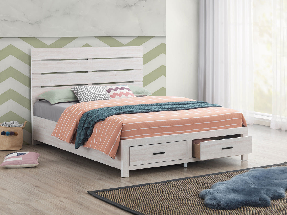 Brantford Panel or Storage Bed & Bedroom Sets - Slatted Headboard in Coastal White with Dark Bronze Pulls - lifestyle