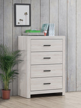 Brantford Panel or Storage Bed & Bedroom Sets - Slatted Headboard in Coastal White with Dark Bronze Pulls - lifestyle