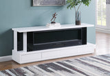 Detail view of the stainless steel accents and four storage drawers on a modern TV stand.