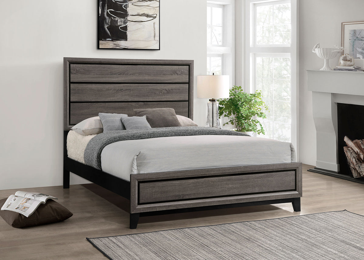 Watson Panel Bed & Bedroom Sets - Groove-Detailed Grey Oak with Nickel Hardware, Twin to California King - lifestyle