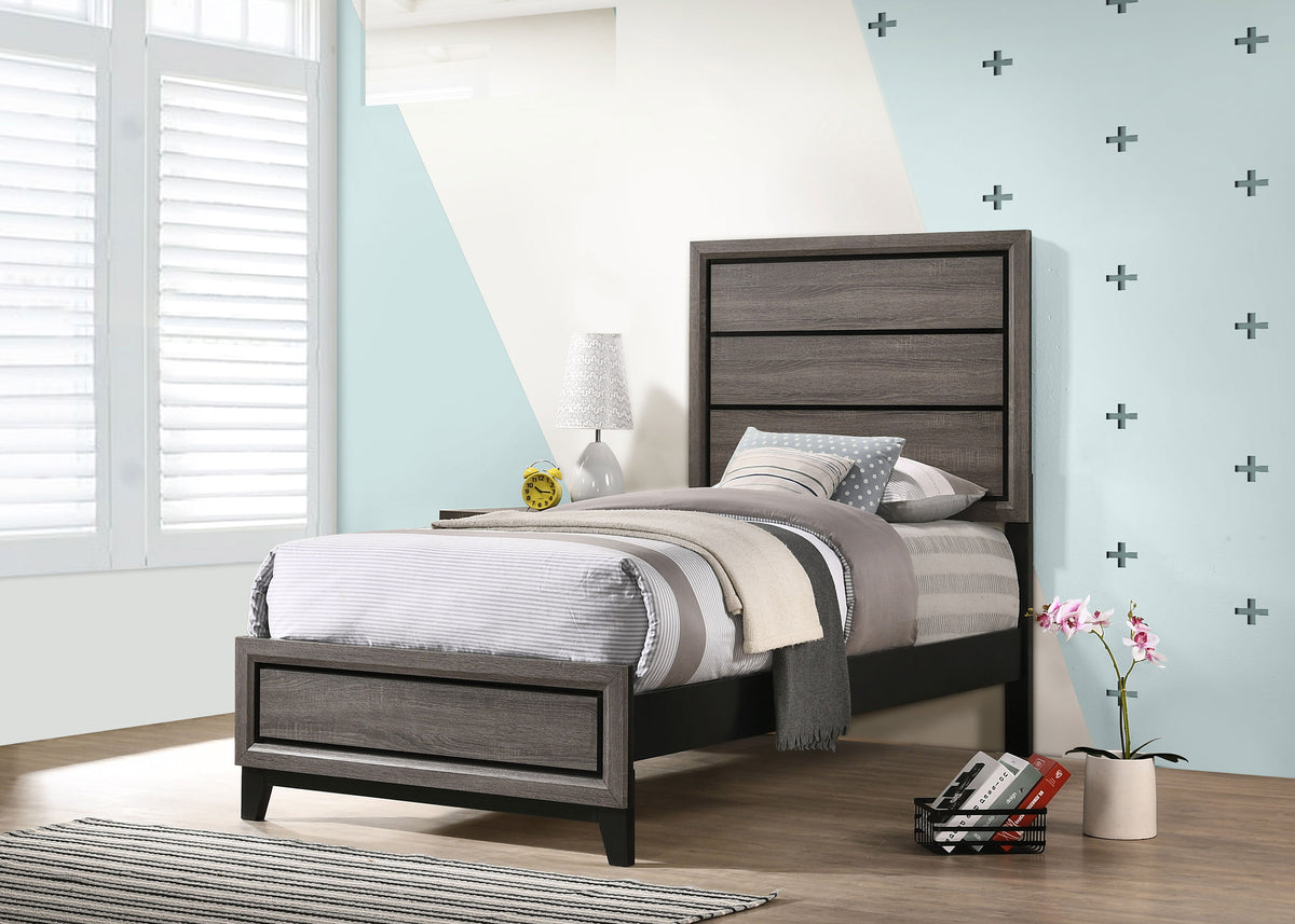 Watson Panel Bed & Bedroom Sets - Groove-Detailed Grey Oak with Nickel Hardware, Twin to California King – view 1