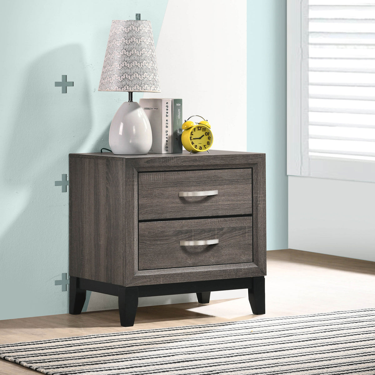 Watson Panel Bed & Bedroom Sets - Groove-Detailed Grey Oak with Nickel Hardware, Twin to California King - lifestyle