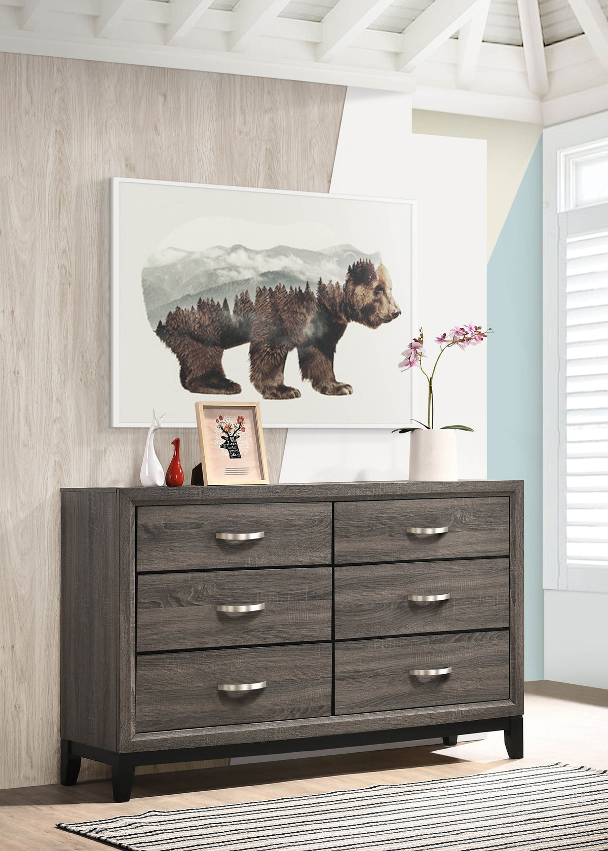 Watson Panel Bed & Bedroom Sets - Groove-Detailed Grey Oak with Nickel Hardware, Twin to California King - lifestyle