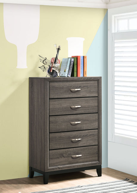 Watson Panel Bed & Bedroom Sets - Groove-Detailed Grey Oak with Nickel Hardware, Twin to California King - lifestyle