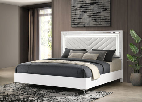 Cassia LED Panel Bed & Bedroom Collection - Chevron-Tufted Headboard, White High Gloss with Chrome - lifestyle