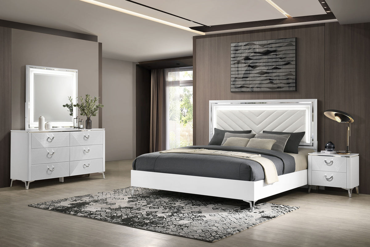Cassia LED Panel Bed & Bedroom Collection - 4pcs- Queen Bed + Nightstand + Dresser + Mirror