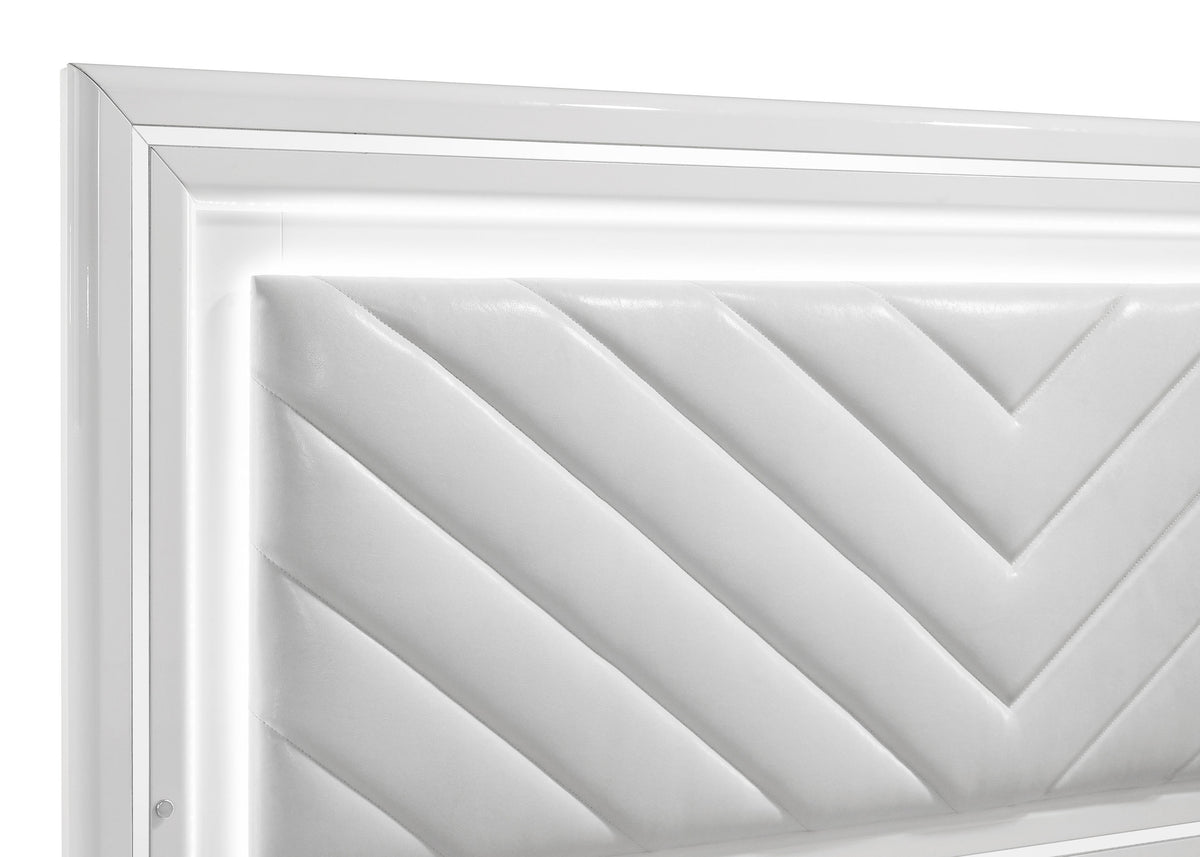 Cassia LED Panel Bed & Bedroom Collection - Chevron-Tufted Headboard, White High Gloss with Chrome – view 16
