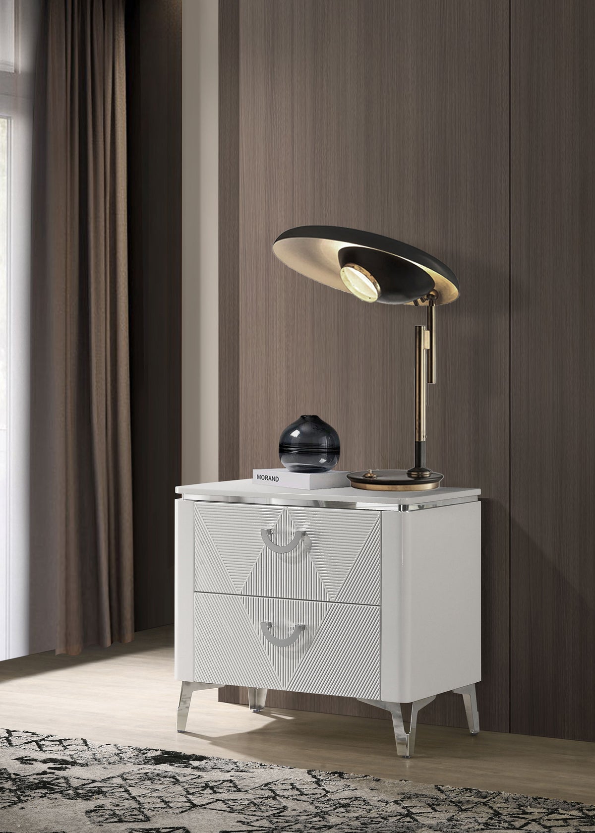 Cassia LED Panel Bed & Bedroom Collection - Chevron-Tufted Headboard, White High Gloss with Chrome - lifestyle