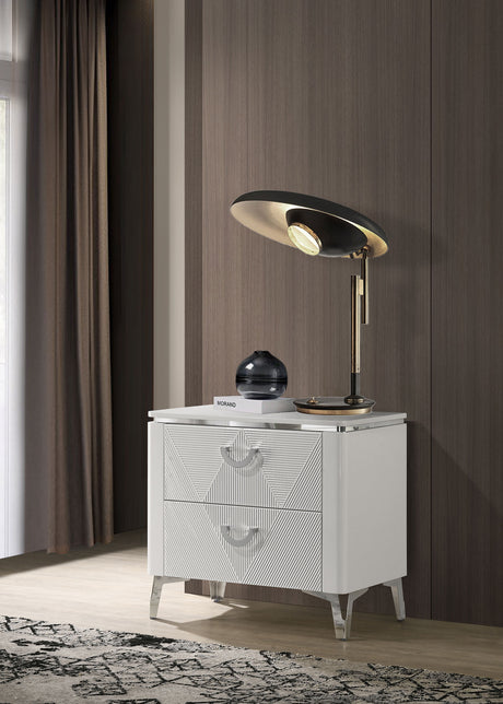 Cassia LED Panel Bed & Bedroom Collection - Chevron-Tufted Headboard, White High Gloss with Chrome - lifestyle