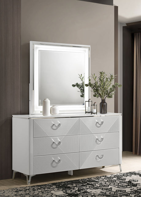 Cassia LED Panel Bed & Bedroom Collection - Chevron-Tufted Headboard, White High Gloss with Chrome - lifestyle