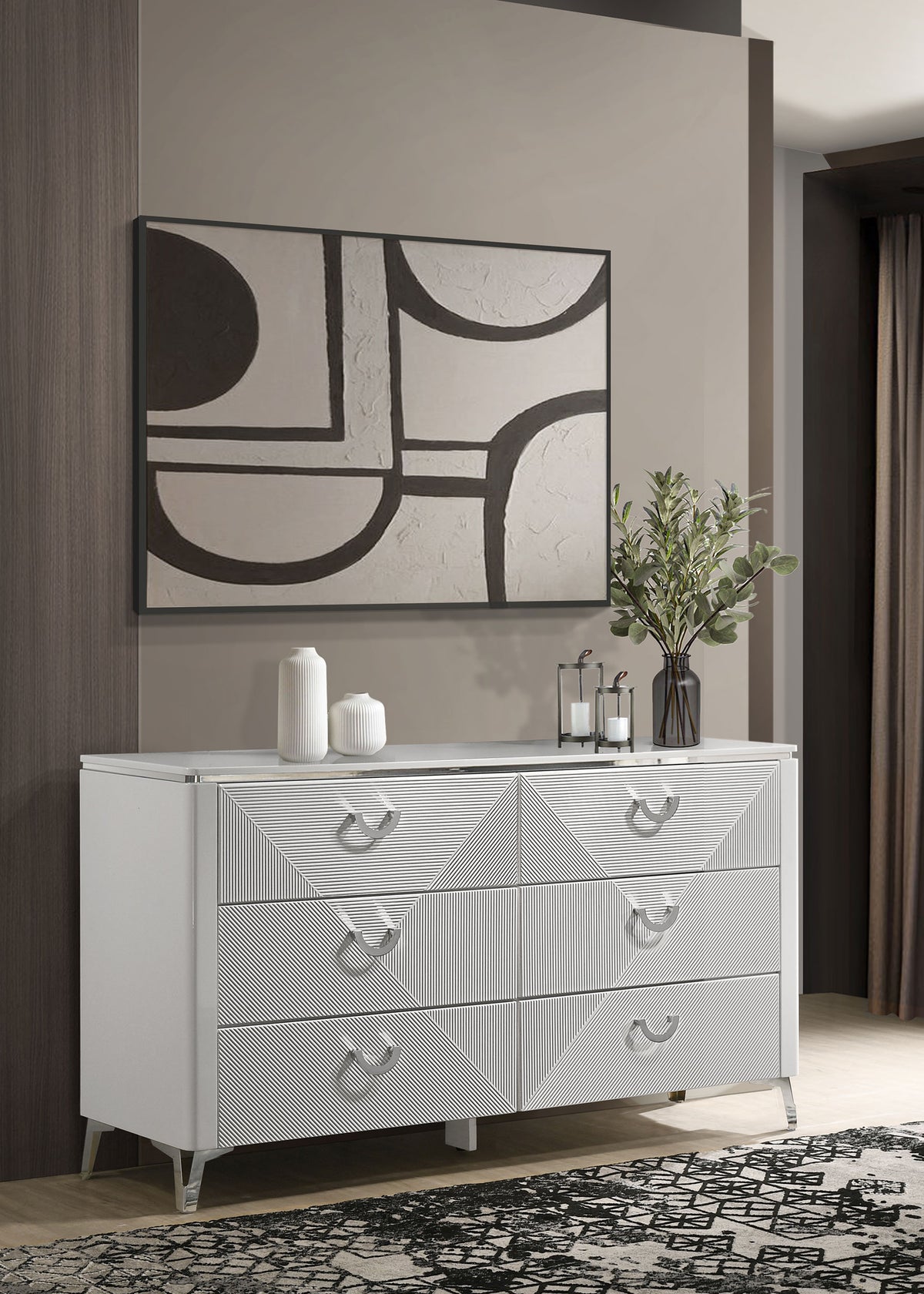 Cassia LED Panel Bed & Bedroom Collection - Chevron-Tufted Headboard, White High Gloss with Chrome - lifestyle