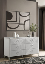 Cassia LED Panel Bed & Bedroom Collection - Chevron-Tufted Headboard, White High Gloss with Chrome - lifestyle
