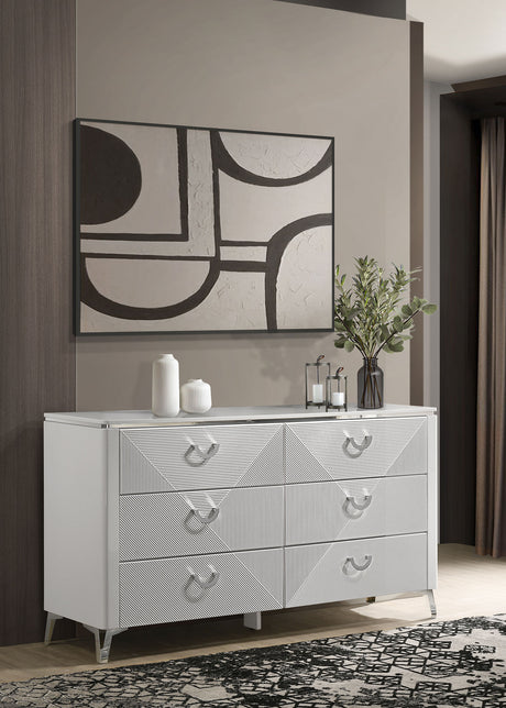 Cassia LED Panel Bed & Bedroom Collection - Chevron-Tufted Headboard, White High Gloss with Chrome - lifestyle