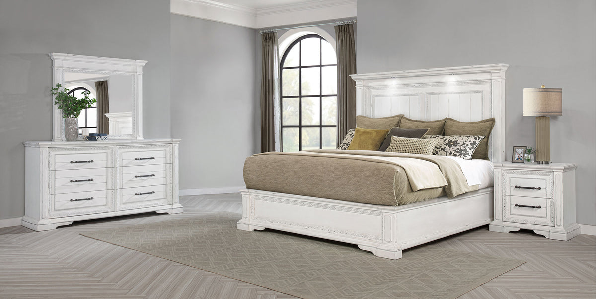 McKinney Panel Bed & Bedroom Sets with LED Reading Lights - 4pcs- Eastern King Panel Bed + Nightstand + Dresser + Mirror