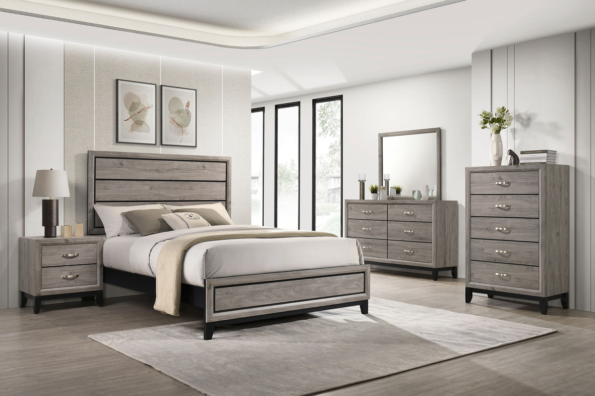 Watson Groove-Detailed Panel Bed & Bedroom Sets - California King, 5pcs- Bed + Nightstand + Dresser + Mirror + Chest