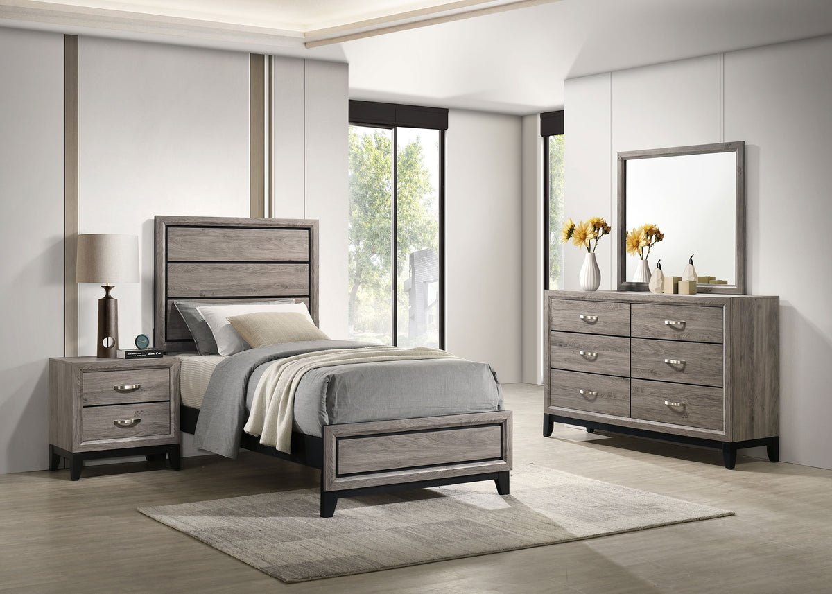 Watson Groove-Detailed Panel Bed & Bedroom Sets - Twin, 4pcs- Bed + Nightstand + Dresser + Mirror