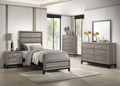 Watson Groove-Detailed Panel Bed & Bedroom Sets - Twin, 5pcs- Bed + Nightstand + Dresser + Mirror + Chest