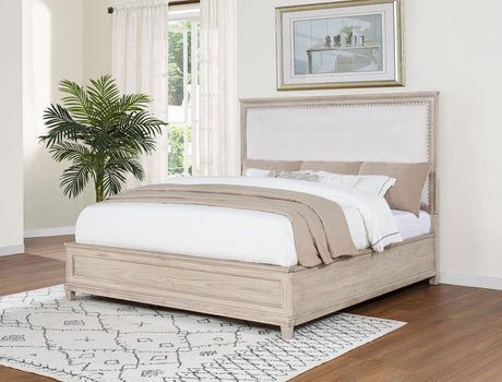 Pembroke Upholstered Panel Bed & Bedroom Sets - Coastal Washed Oak with Cream Headboard & Nailhead Trim - lifestyle