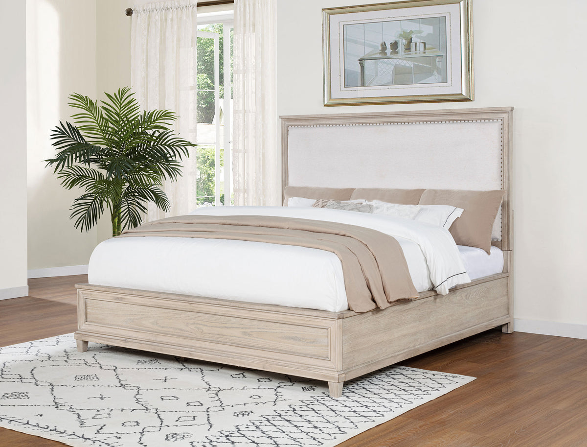 Pembroke Upholstered Panel Bed & Bedroom Sets - Coastal Washed Oak with Cream Headboard & Nailhead Trim - lifestyle