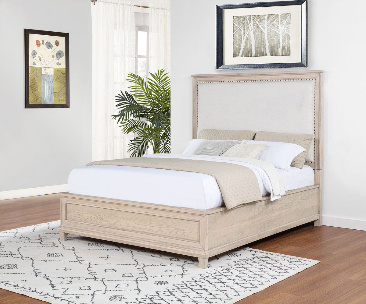 Pembroke Upholstered Panel Bed & Bedroom Sets - Coastal Washed Oak with Cream Headboard & Nailhead Trim – view 1