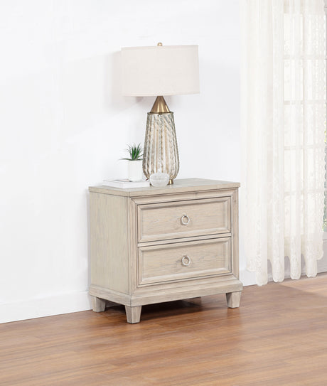 Pembroke Upholstered Panel Bed & Bedroom Sets - Coastal Washed Oak with Cream Headboard & Nailhead Trim - lifestyle