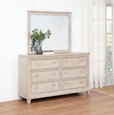 Pembroke Upholstered Panel Bed & Bedroom Sets - Coastal Washed Oak with Cream Headboard & Nailhead Trim - lifestyle