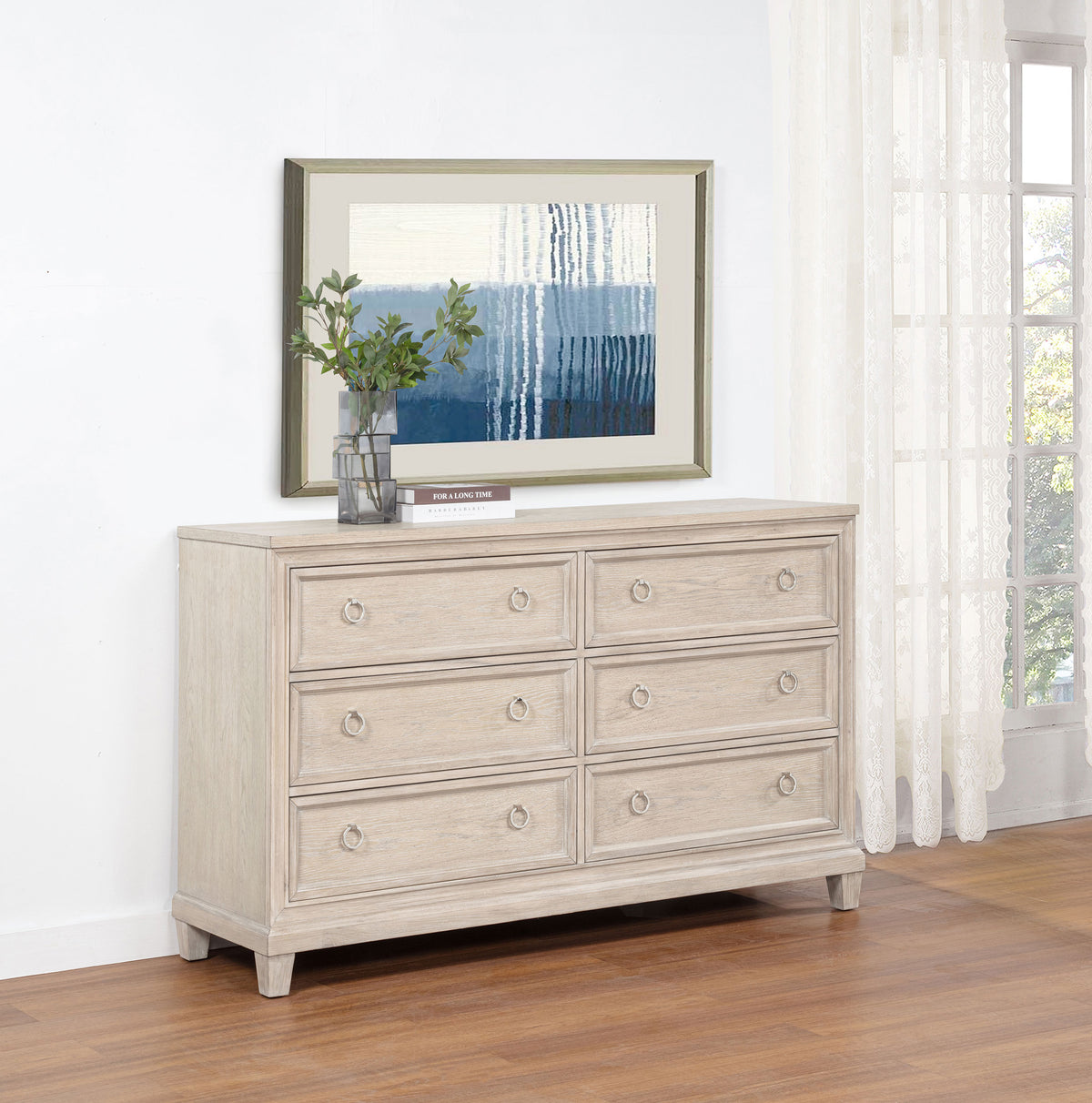 Pembroke Upholstered Panel Bed & Bedroom Sets - Coastal Washed Oak with Cream Headboard & Nailhead Trim - lifestyle