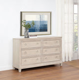 Pembroke Upholstered Panel Bed & Bedroom Sets - Coastal Washed Oak with Cream Headboard & Nailhead Trim - lifestyle