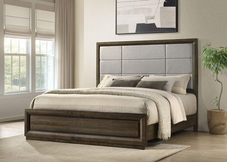 Atlas Upholstered Panel Bed & Bedroom Sets - Picture-Frame Headboard in Dark Oak & Light Grey - lifestyle