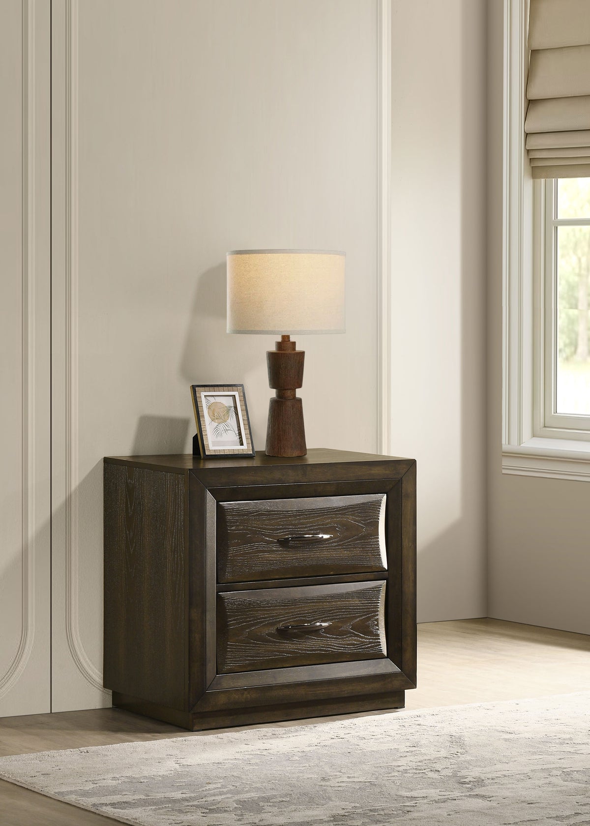 Atlas Upholstered Panel Bed & Bedroom Sets - Picture-Frame Headboard in Dark Oak & Light Grey - lifestyle