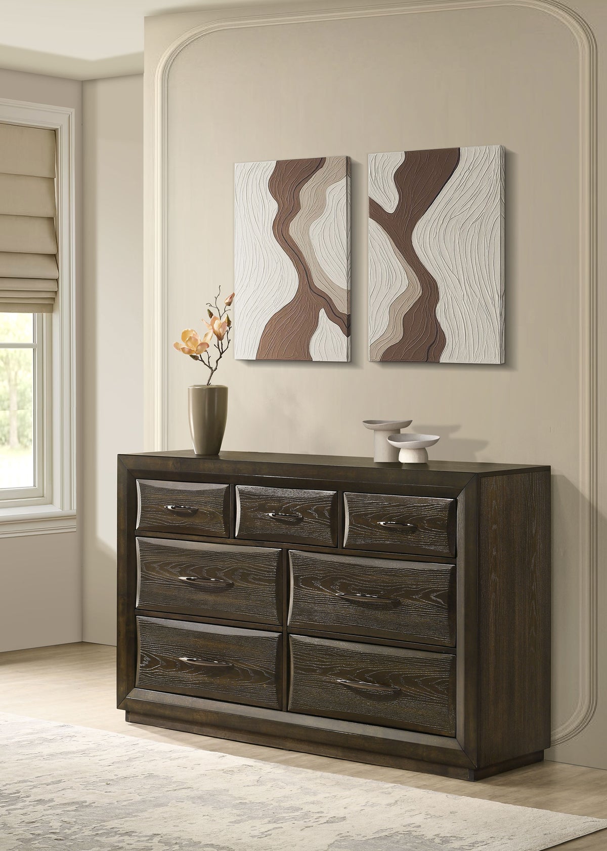 Atlas Upholstered Panel Bed & Bedroom Sets - Picture-Frame Headboard in Dark Oak & Light Grey - lifestyle