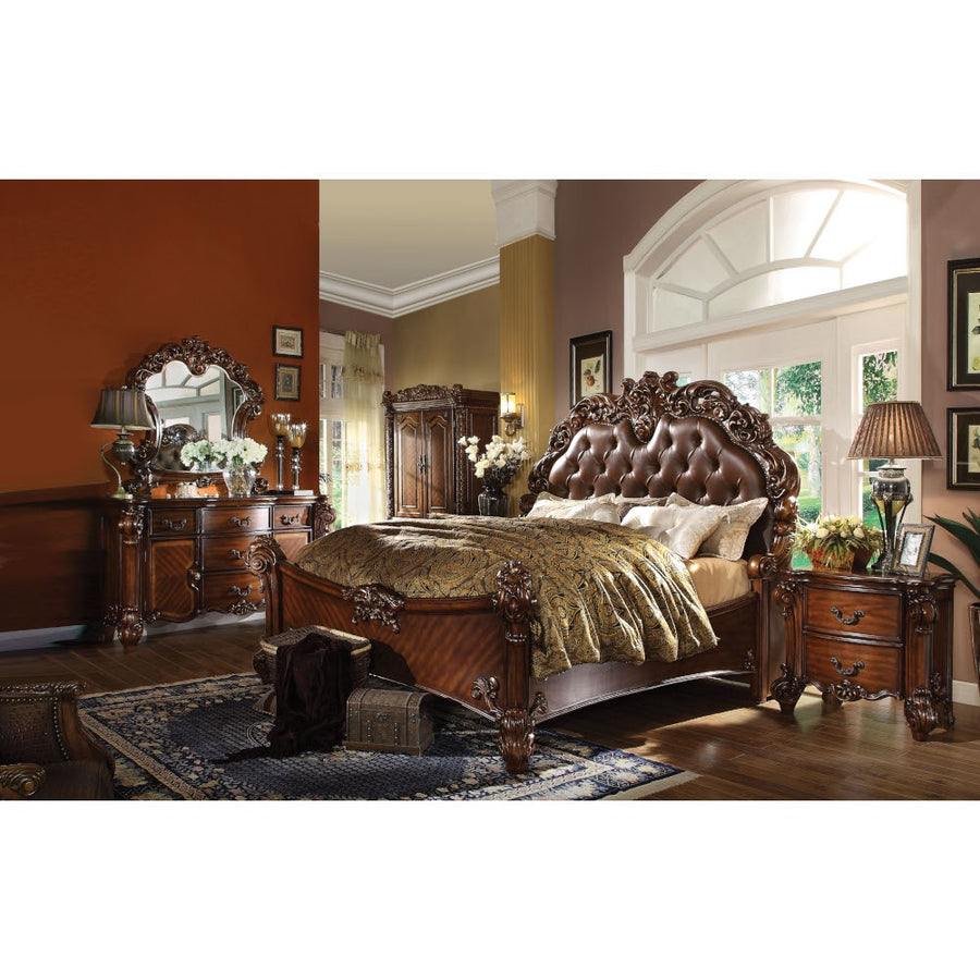 Vendome Arched Mirror & Vanity Stool - Ornate Scrolled Molding & Button Tufting in Cherry, Gold Patina & Bone or Antique Pearl