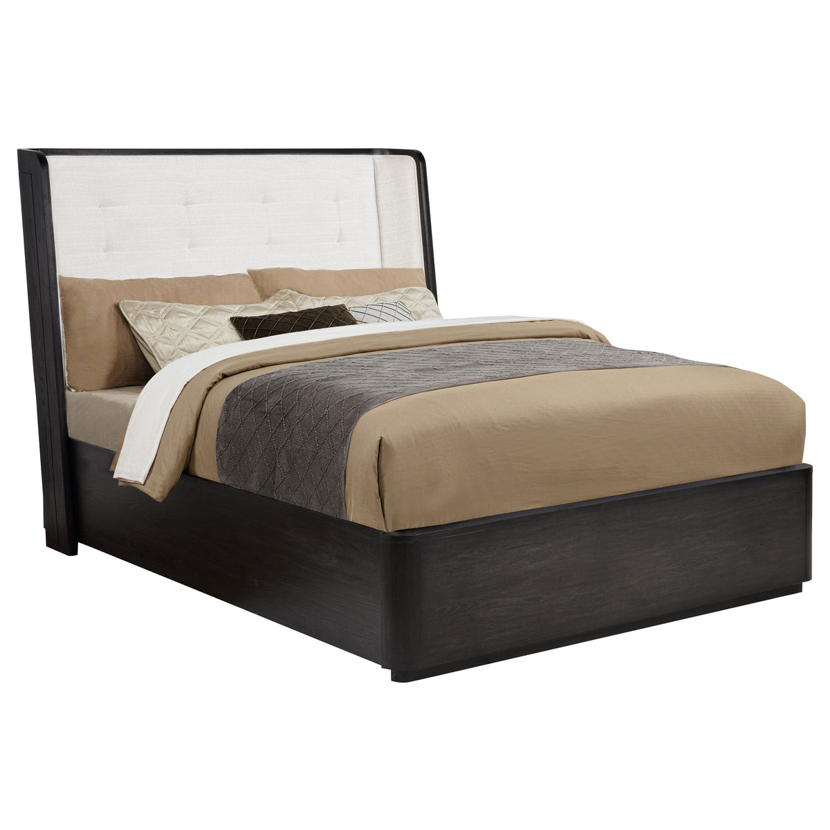 Leandro Wingback Bed & Bedroom Sets - Cream Upholstered Headboard with Burnished Black Case Pieces, Queen to California King