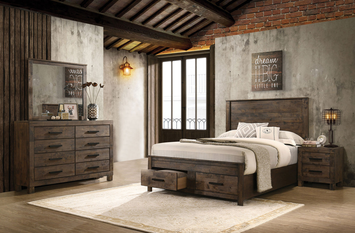 Woodmont Storage Panel Bed & Bedroom Sets - 4pcs- Eastern King Bed + Nightstand + Dresser + Mirror