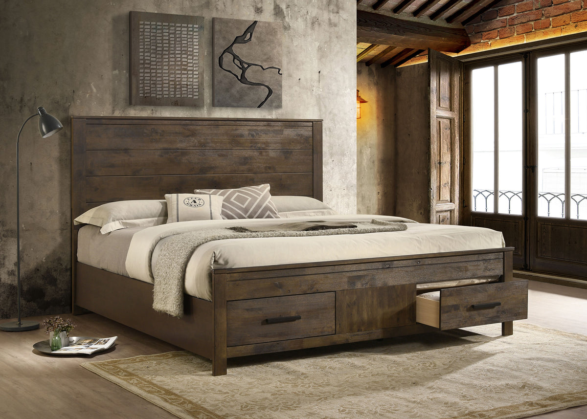Woodmont Storage Panel Bed & Bedroom Sets - Footboard Drawers in Wire-Brushed Rustic Golden Brown - lifestyle