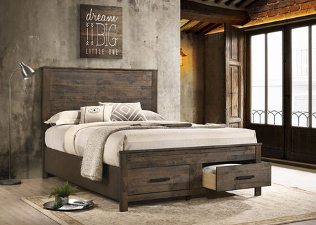 Woodmont Storage Panel Bed & Bedroom Sets - Footboard Drawers in Wire-Brushed Rustic Golden Brown – view 1