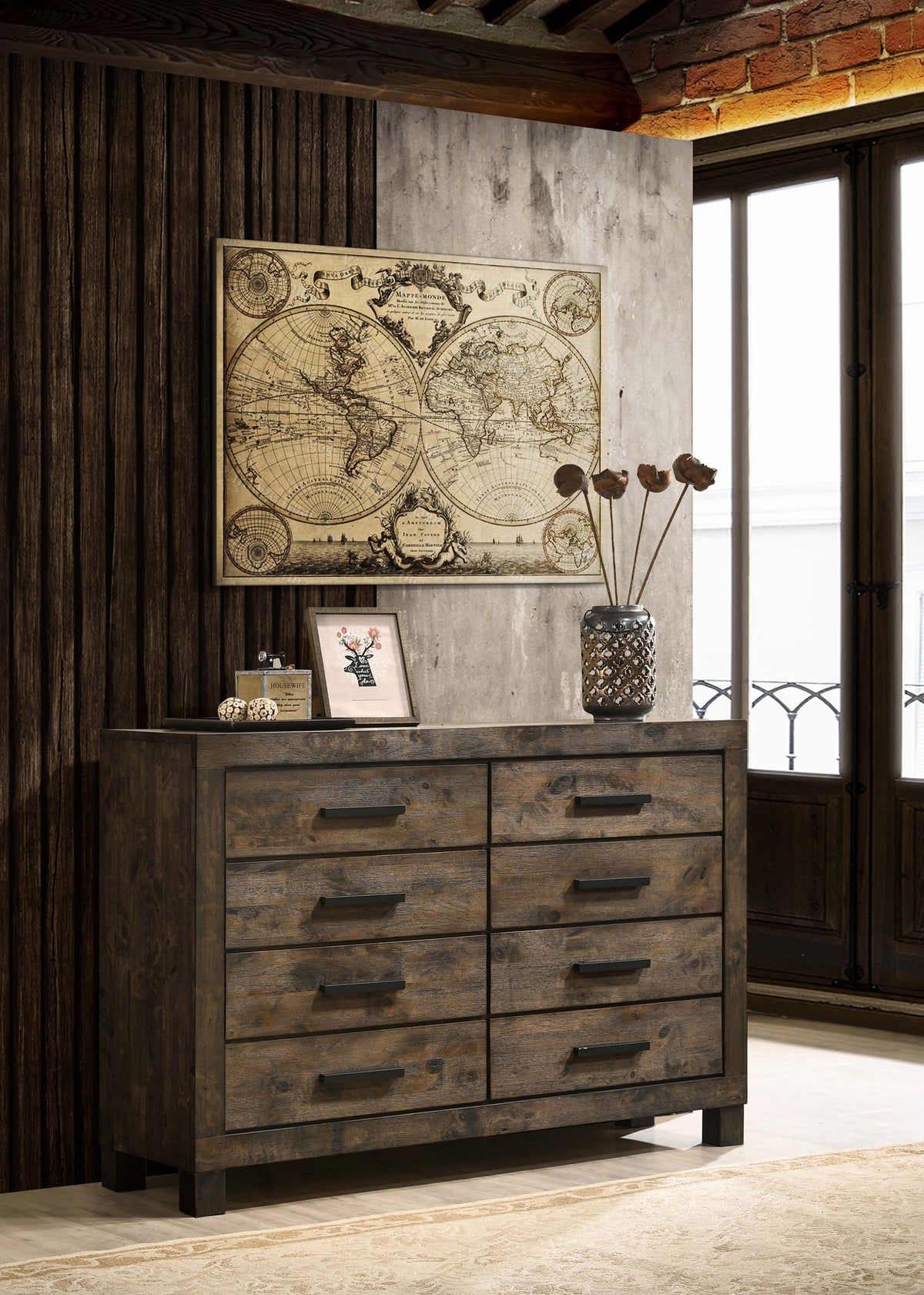 Woodmont Storage Panel Bed & Bedroom Sets - Footboard Drawers in Wire-Brushed Rustic Golden Brown - lifestyle