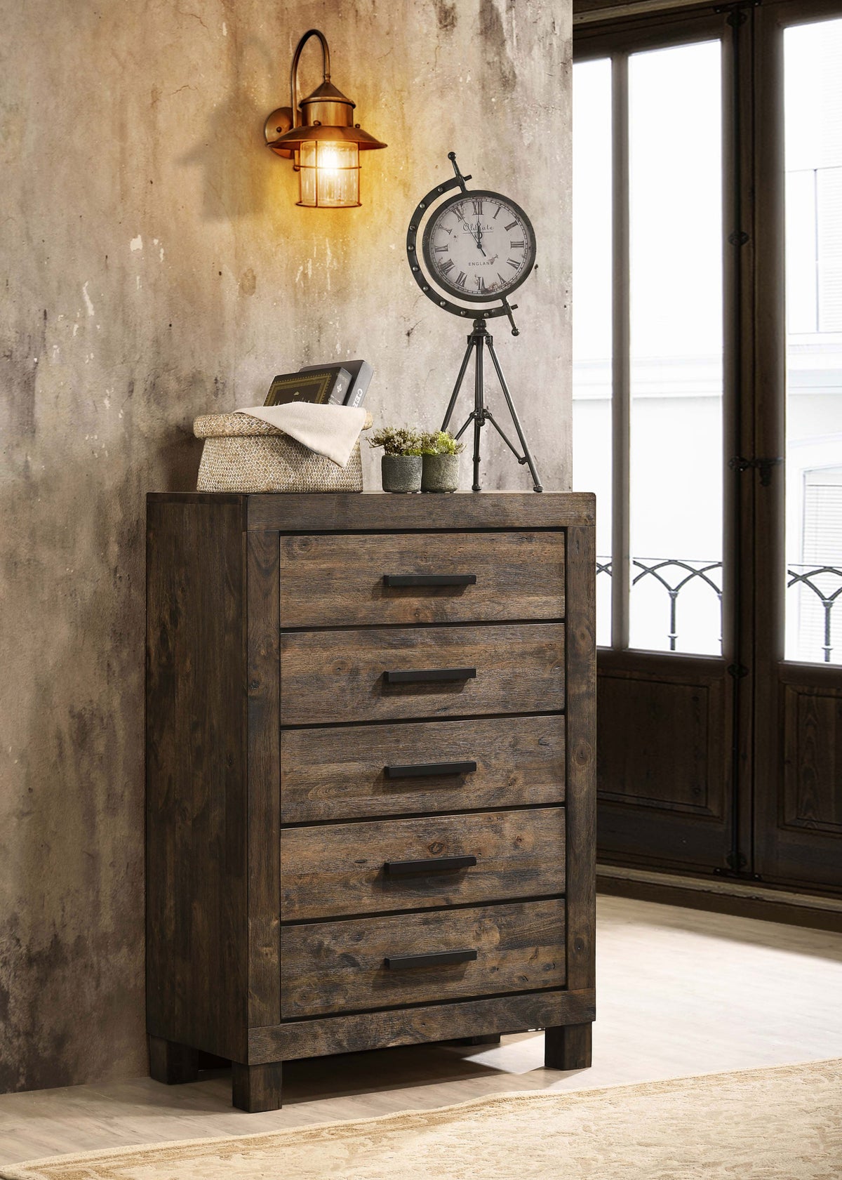 Woodmont Storage Panel Bed & Bedroom Sets - Footboard Drawers in Wire-Brushed Rustic Golden Brown - lifestyle