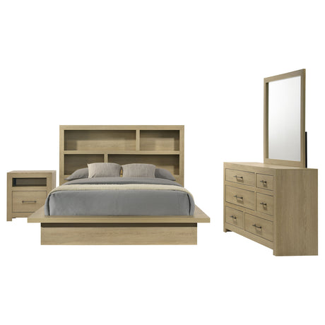 Hendricks Queen Platform Bed & Bedroom Sets - Bookcase Headboard, 4pcs- Queen Bed + Nightstand + Dresser + Mirror