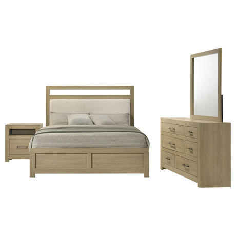 Hendricks Queen Platform Bed & Bedroom Sets - Upholstered Headboard, 4pcs- Queen Bed + Nightstand + Dresser + Mirror