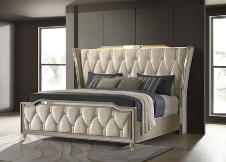 Lorient LED Velvet Wingback Bedroom Collection - Tufted Glam Bed, Dressers & Sets in Ivory and Camel - lifestyle