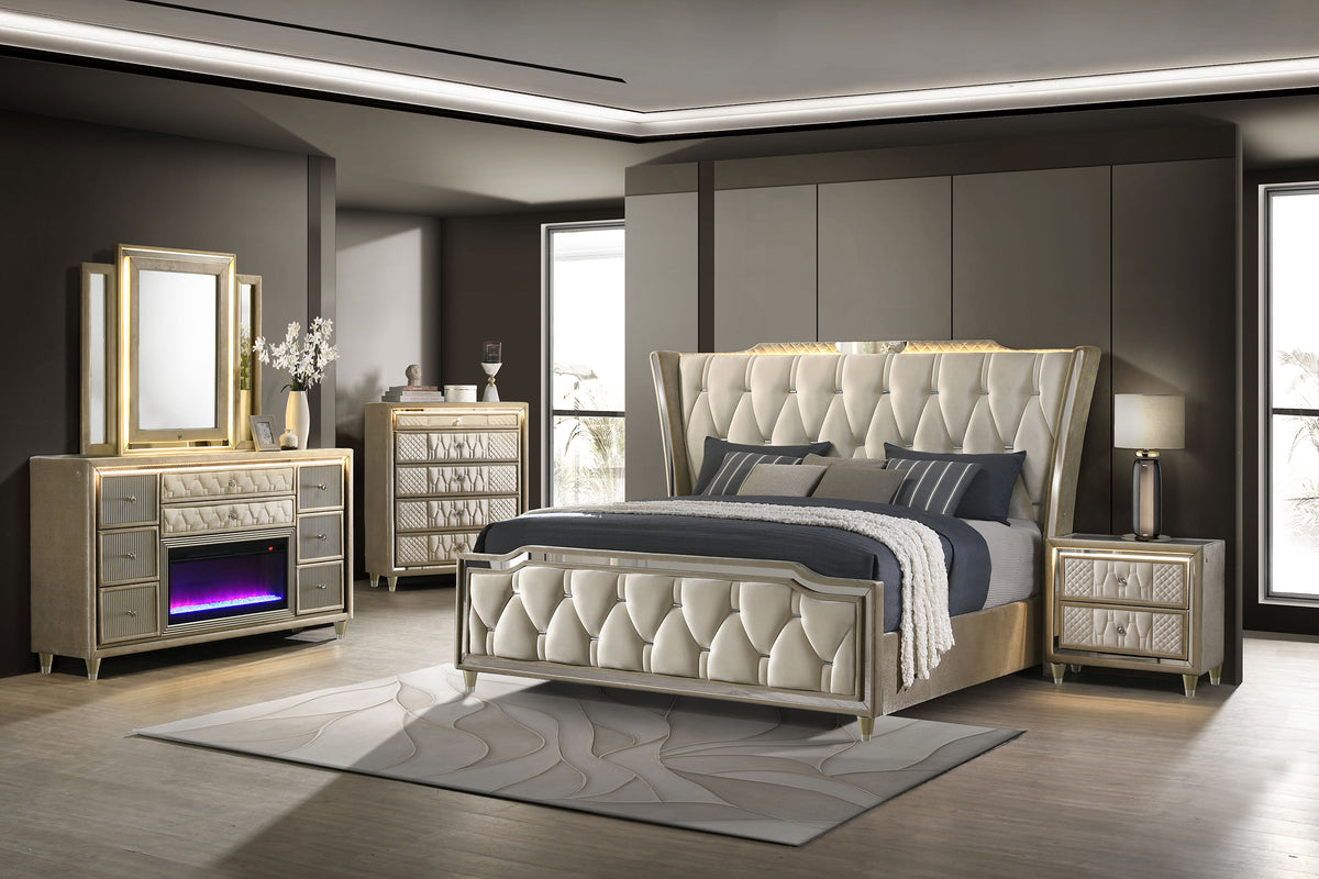 Lorient LED Velvet Wingback Bedroom Collection - 5pcs- California King Bed + Nightstand + Fireplace Dresser + Mirror + Chest