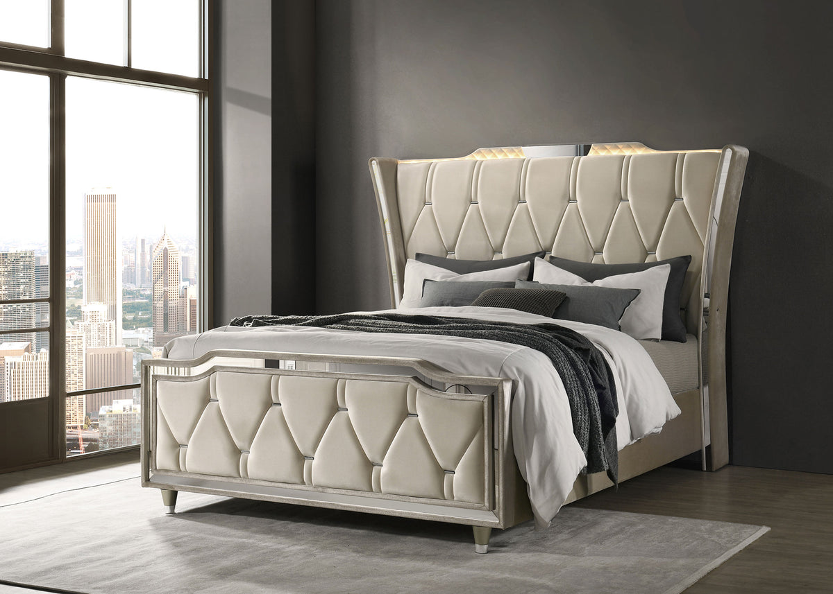 Lorient LED Velvet Wingback Bedroom Collection - Tufted Glam Bed, Dressers & Sets in Ivory and Camel - lifestyle